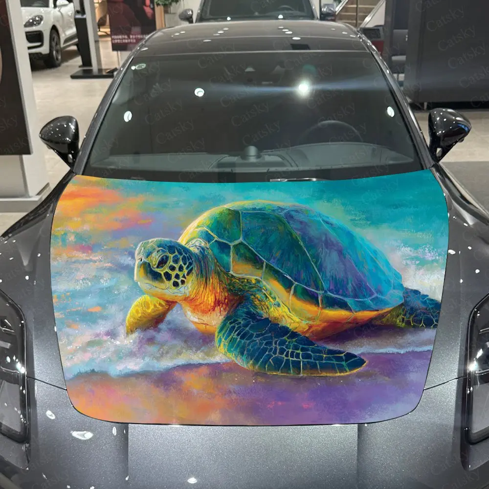 Sea Turtle in Vibrant Ocean Car Hood Stickers - Self-Adhesive, Waterproof and Durable Vinyl Wrap, Decorate And Protect Your Car