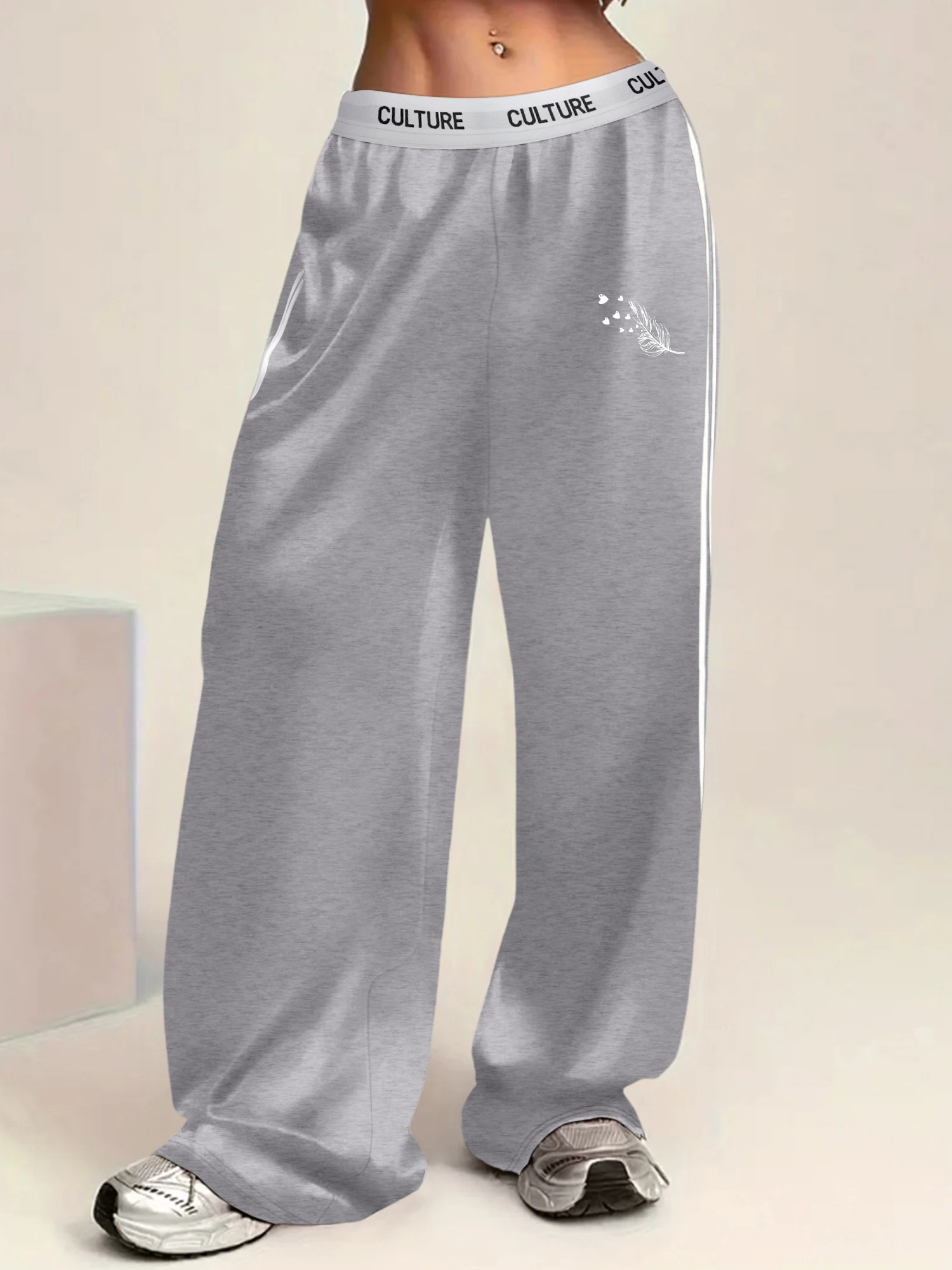 

Feather & Heart Graphic Print Women's Track Pants Elastic Waist White Side Stripes Casual Joggers
