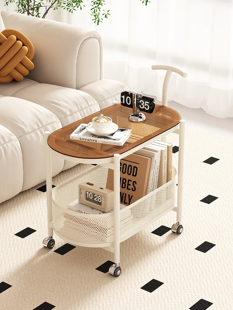 

Cream style small cart storage rack, living room sofa side snack storage rack, movable edge, multiple layers of bookshelf