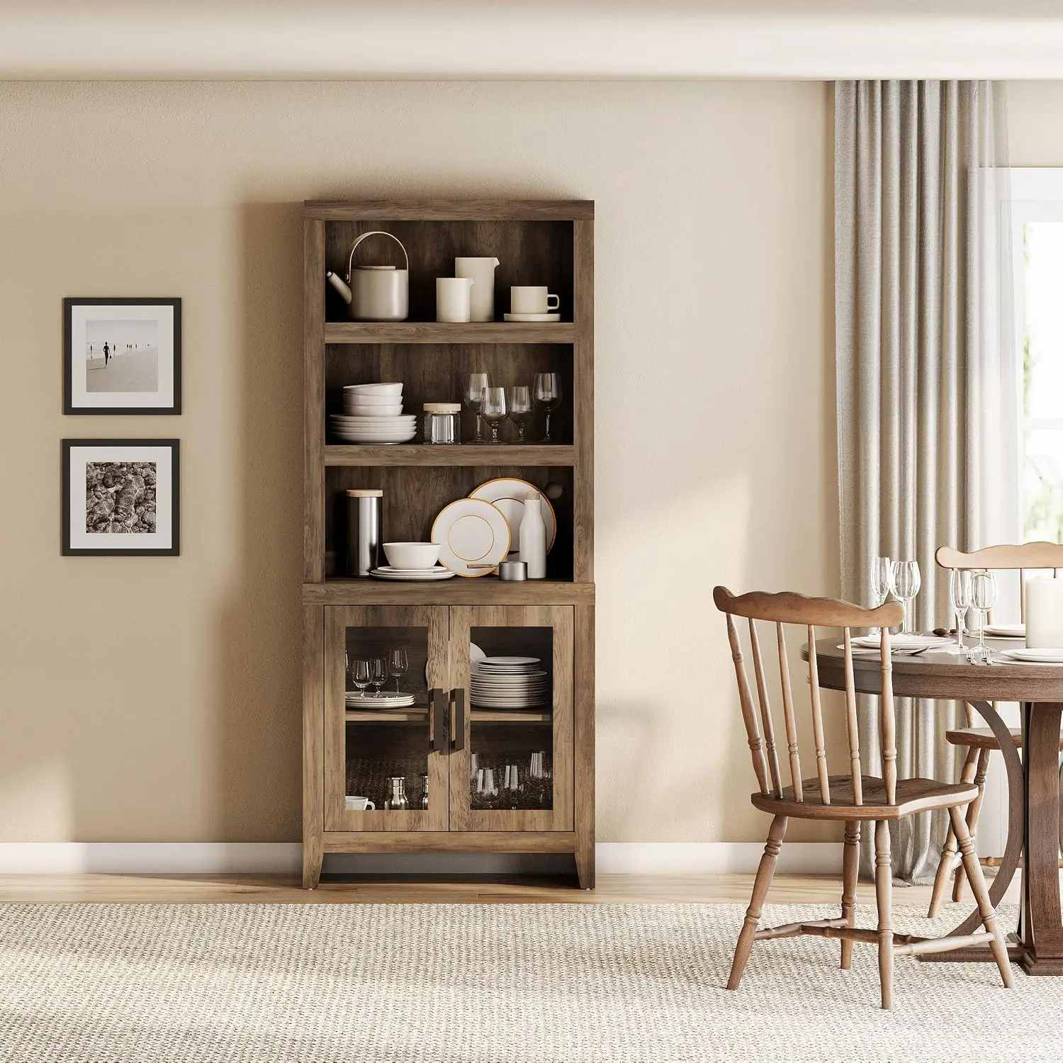 Wooden Bookshelf with Glass Door, 74" Tall Bookcase with Adjustable Shelf & Cabinet for Living Room Office, Brown, Customized view 5