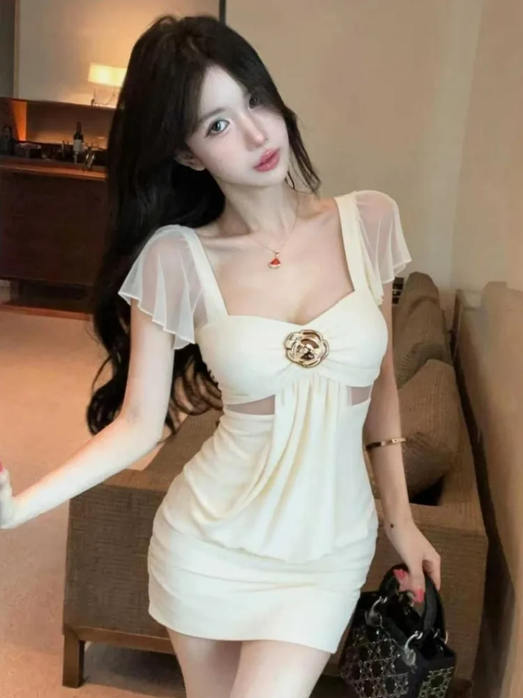 

Sexy Short Skirt Women's Tight Fit Waist Cinching Sleeveless Square Neck Lace Splice High Waist Summer Dress for Banquet