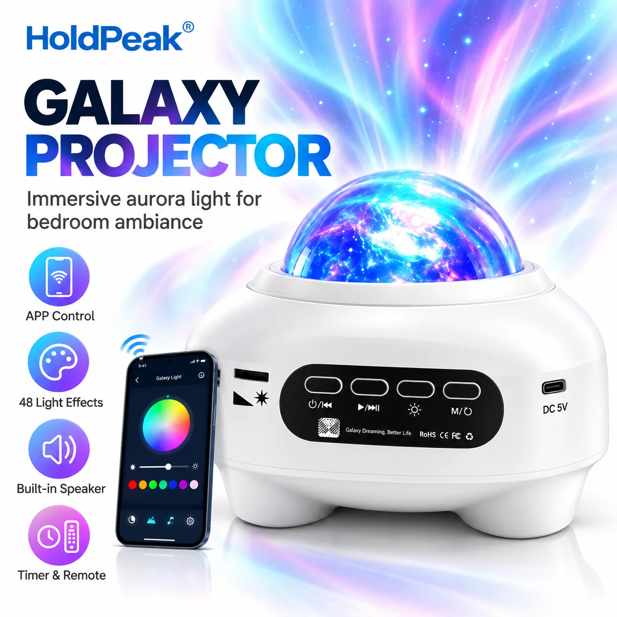 Galaxy Star Projector Night Light Bluetooth Speaker 48 Light Effects 16 HD Discs Remote Timer Music Sync Bedroom Kids Gift