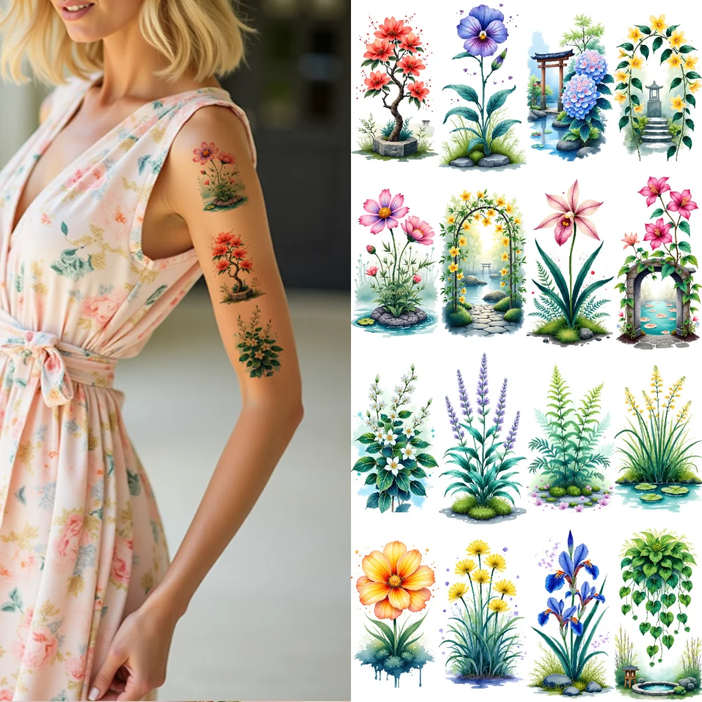 

9pcs Temporary Tattoo Nature Tattoos Waterproof Long-lasting Body Stickers Garden Tattoos Flower Tattoos Watercolor For Ladies