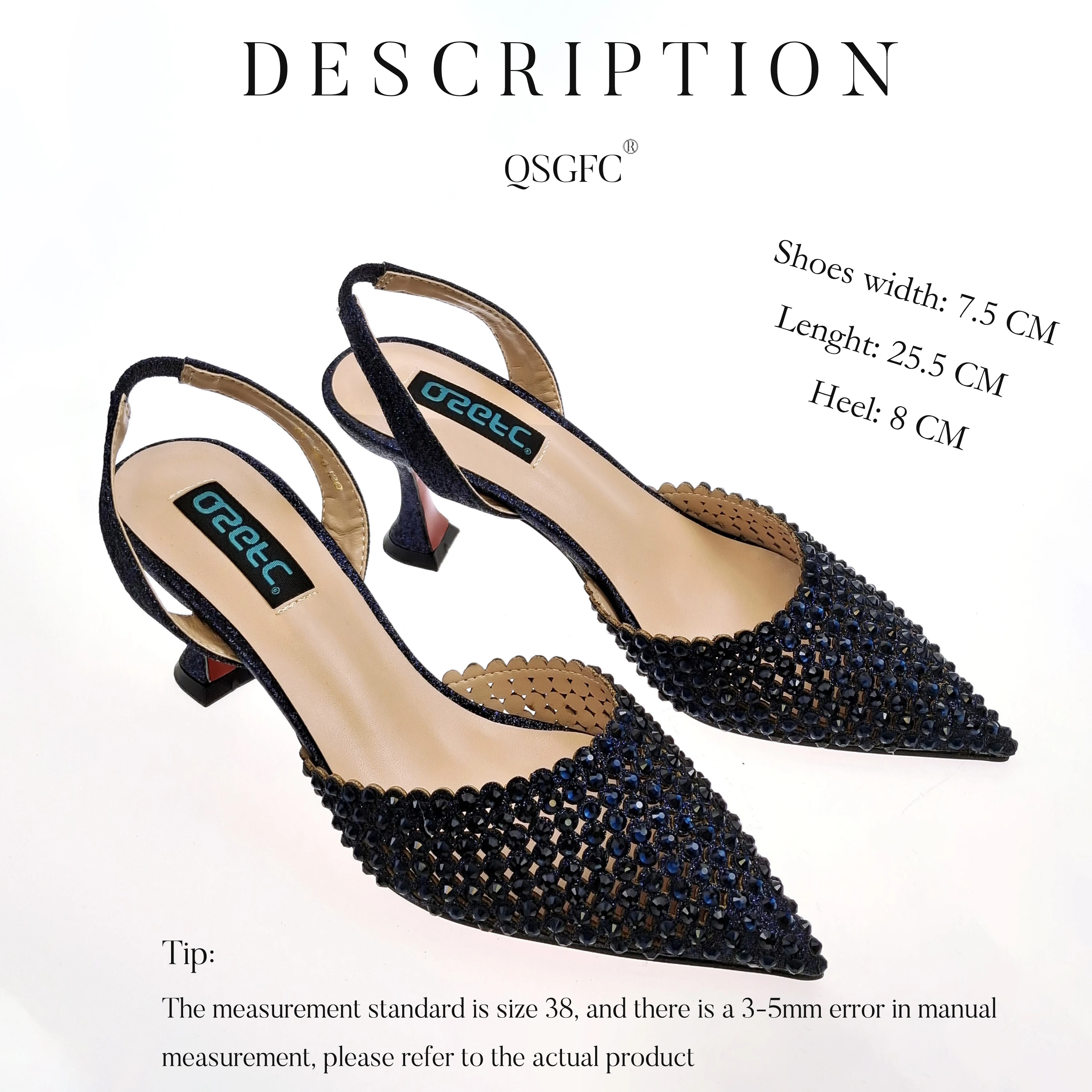 QSGFC New Elegant Lady Pointed-Toe Party Shoes Hollow Embroidery Rhinestone Design Mid-heel Dark Blue Color Shoes Bag Set