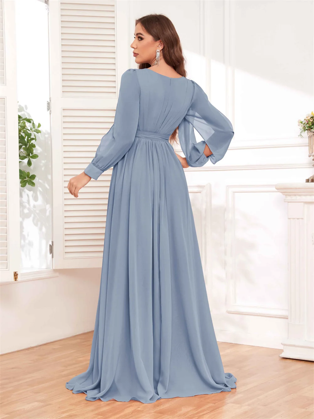 Off the Shoulder V-neck Chiffon Bridesmaid Dress With Split Side Long Sleeves Pleated Corset Formal Party A-line Long Ball Gowns