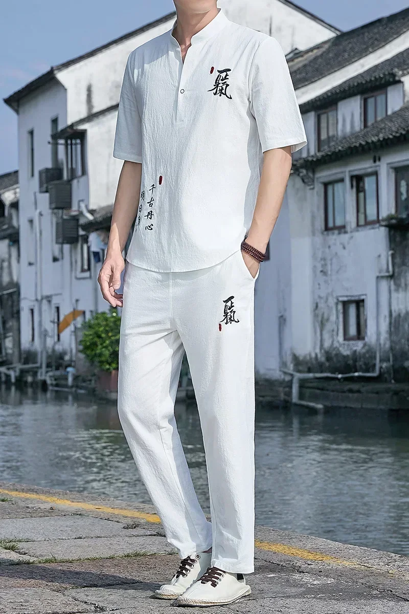 Ensemble Hanfu Brodé en Lin pour Homme, Style Chinois, Trempé, Tang Kung Fu Traditionnel, Tapiercing, Pantalon d'Été en Coton