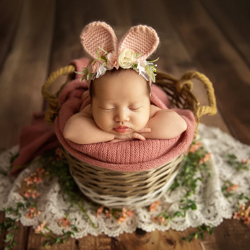 Accesorios de fotografía de Orejas de conejo para recién nacidos, tocado de flores hecho a mano, tocado de flores, accesorios de cabeza de luna llena para sesión de fotos infantil