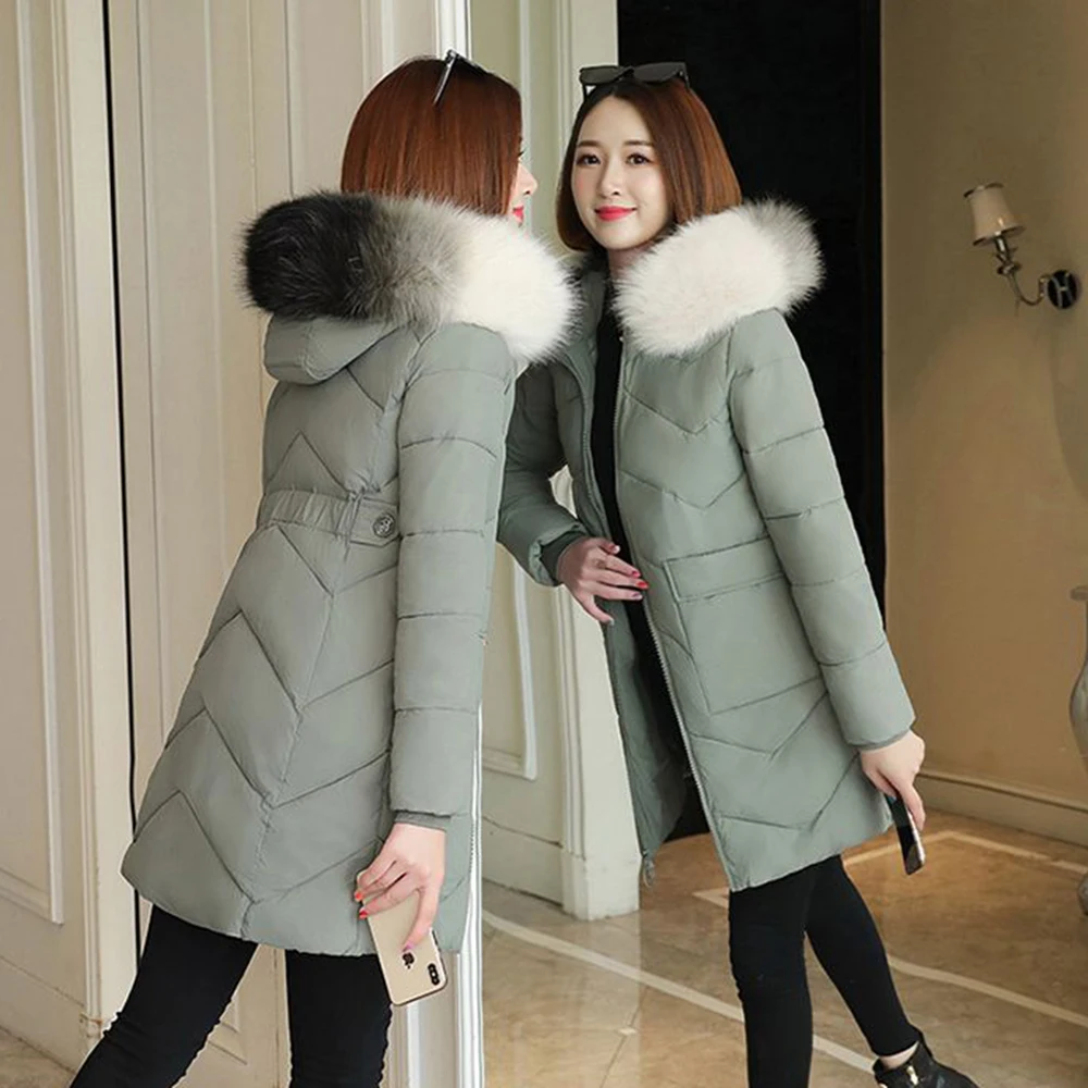 New  Hooded Slim Big Fur Collar Long Cotton-padded Women Windproof Warm Fashion Joker Cotton-padded Jacket Coat Female Tide.