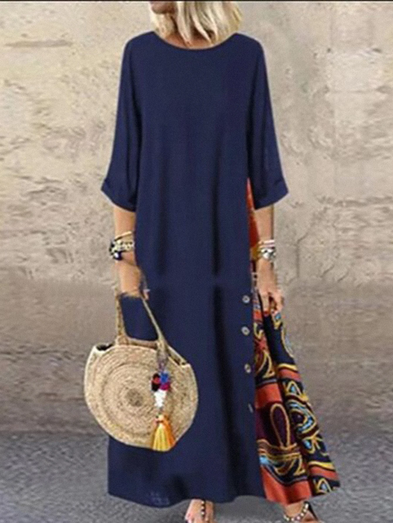 فستان نسائي طويل مرقع للخريف مريح على شكل حرف A كاجوال برقبة دائرية وأكمام ثلاثة أرباع فستان عصري