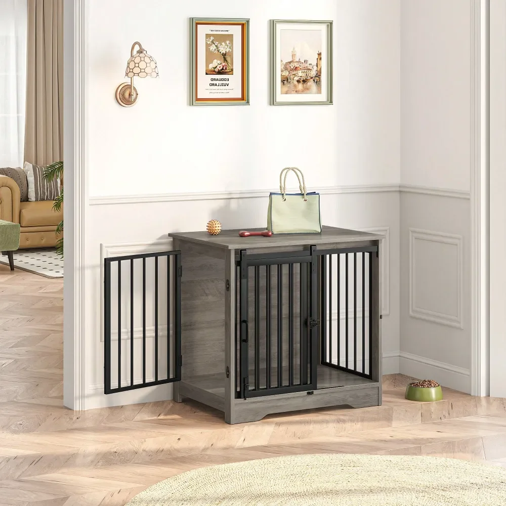 

Dog Crate Furniture, 27.2 Double Door Dog Crate With Barn Door, Dog Kennel Indoor, End Side Table Wooden Dog Crates For Small M