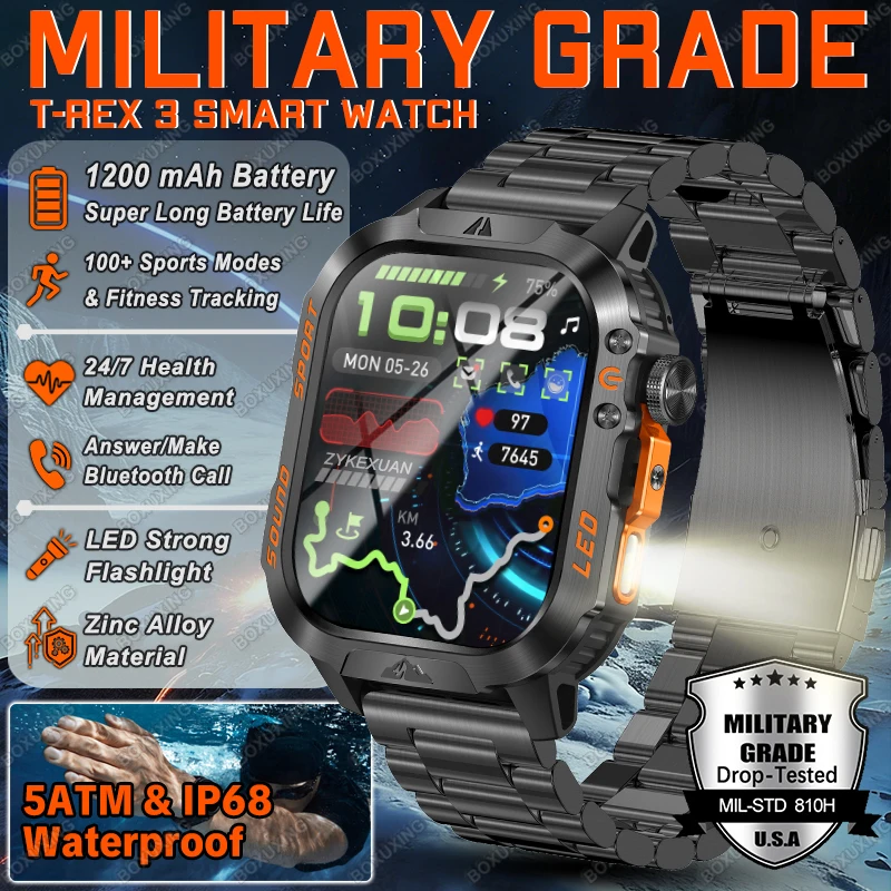 

New T-Rex3 Ultra Smart Watch Men 5ATM Waterproof Sports Tracker Health Heart Rate Flashlight Call Smartwatches For iOS Android