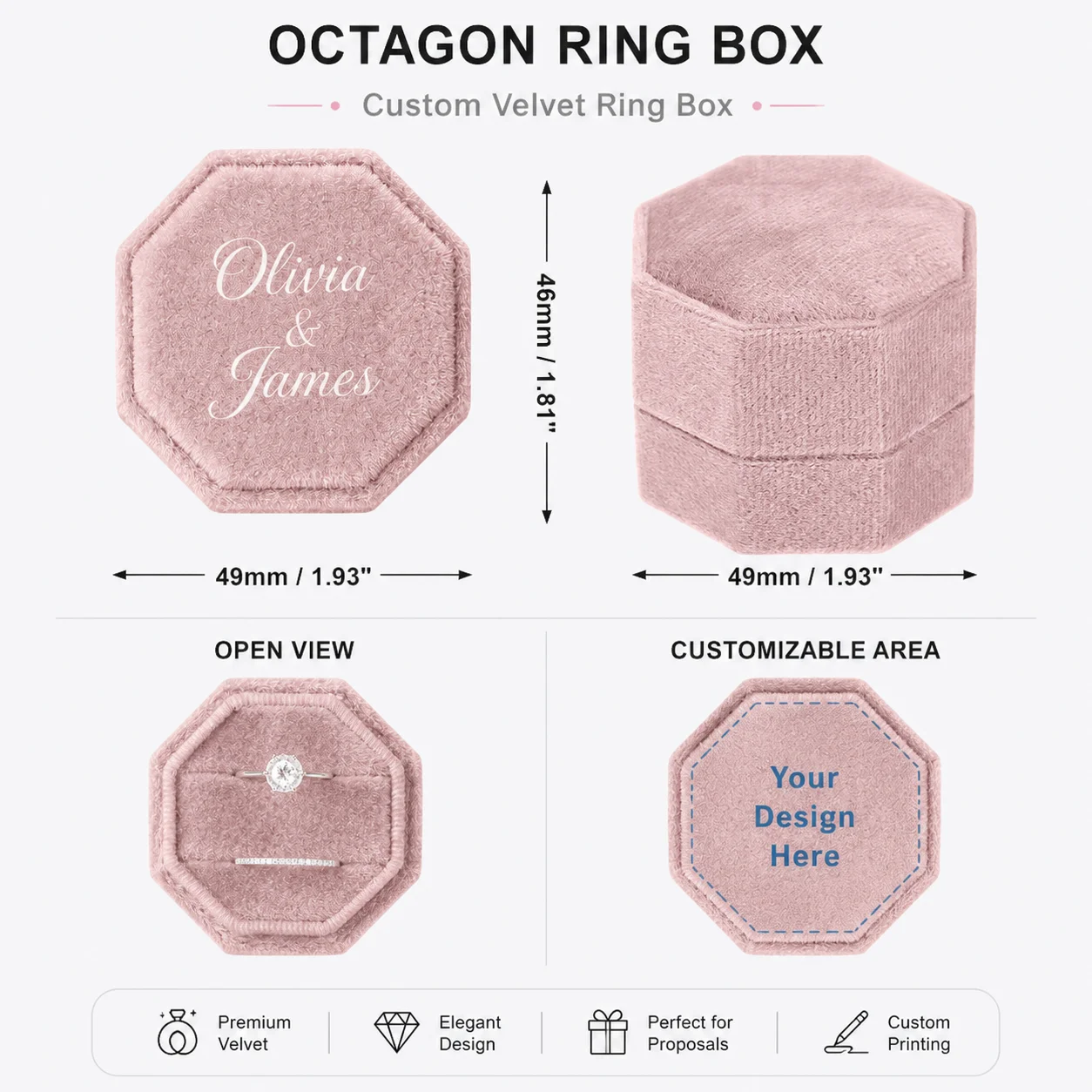 Custom Velvet Ring Box Personalized Octagon Ring Box with Name Text for Wedding Engagement Proposal Jewelry Gift Storage Travel
