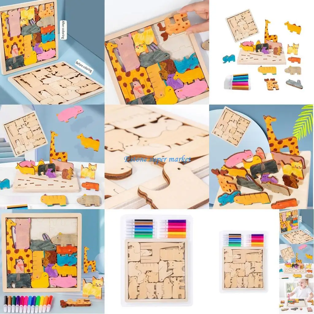 090b diy sem pintura animal quebra-cabeça jogo tabuleiro handeye coordenação brinquedo bloco correspondência crianças colorir