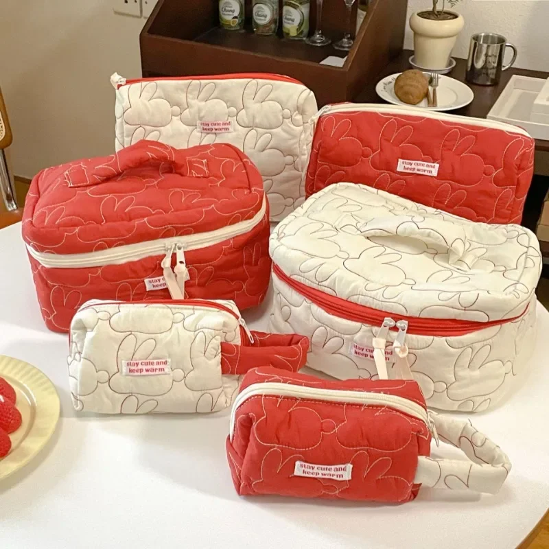 Cute Travel Storage Pouch Organizer for Women Handbag Large Capacity Zipper Makeup Bags Rabbit Quilted Cotton Cosmetic Cases