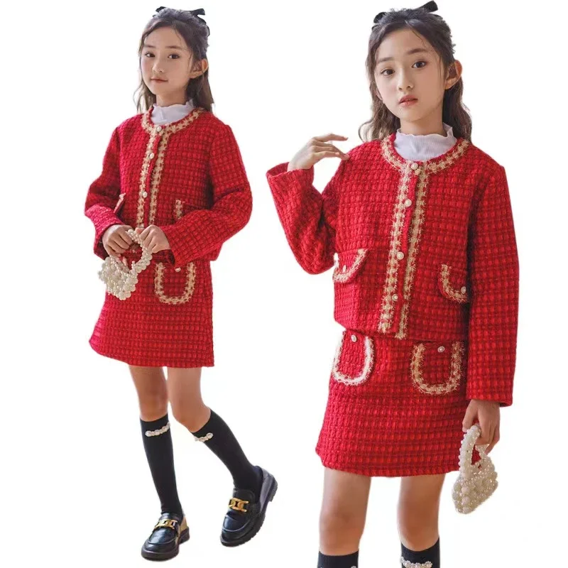 

Girls Princess Dress Kids Little Fragrant Coat Half Length Skirt 2Pcs Teenager Show Party Dress Child Sequins Dress 6-16 Year