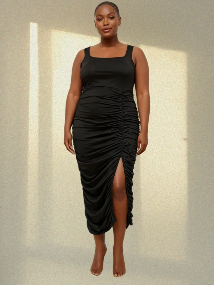 Wmstar فساتين حجم كبير للنساء الملابس بالجملة الصلبة Bodycon أكمام ثنيات زلة هيم فستان ماكسي انخفاض الشحن L-4XL #1