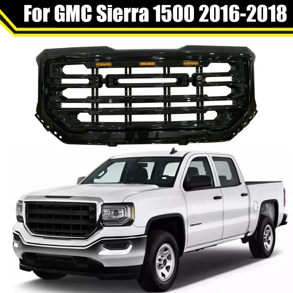 

Front Upper Grill Bumper Mesh Hood Grills Gloss Black For GMC Sierra 1500 2016-2018 Car ABS High Quality Racing Grille