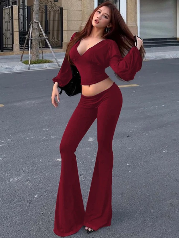 Woman Clothing Solid Color Flare Pants Matching Sets Ladies Fashion V-neck Lace-up Lantern Sleeve Tops+Trousers Suit Streetwear