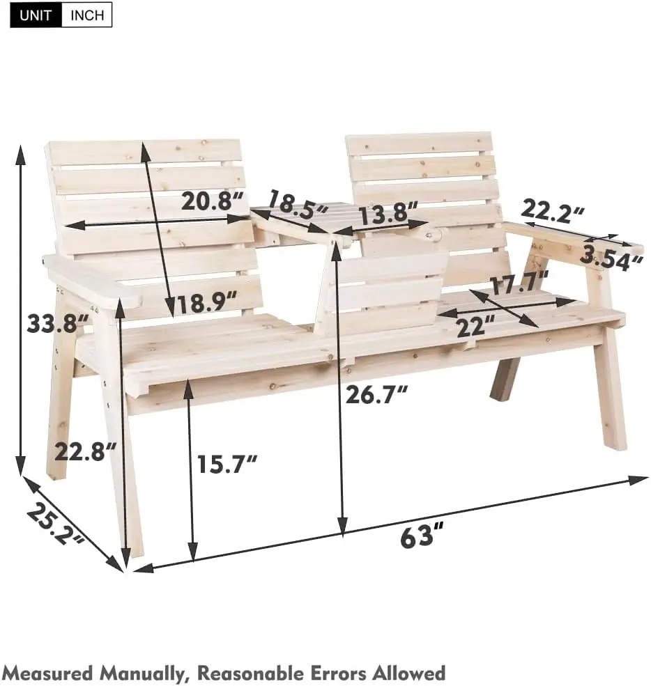 Banc de jardin en bois de rondins avec table pliable, chaise de banc 3 places pour porche extérieur, balcon de jardin