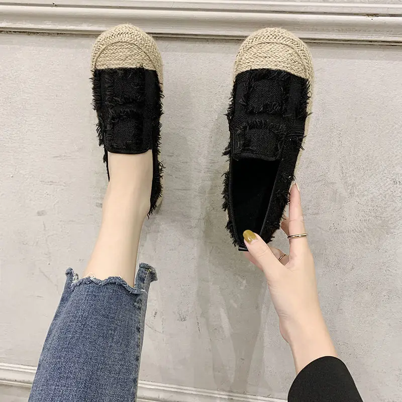 Loafers Whit Canvas Women Footwear Slip on Ladies Shoes Black Espadrilles Korean New in 2024 Original Urban Autumn Daily Routine