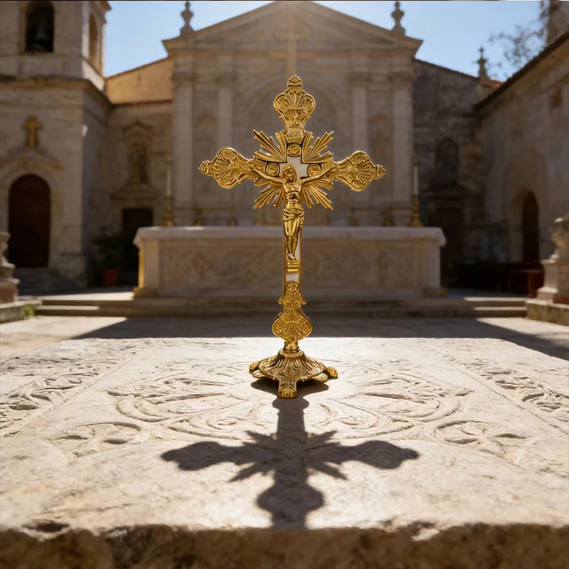 Neues 2026 Traditionelles Vergoldetes Orthodoxes Kruzifix mit INRI-Gravur, Stehendes Kreuz für Altarausstellung und Gottesdienst-Rituale, Geschenk – Detail 3