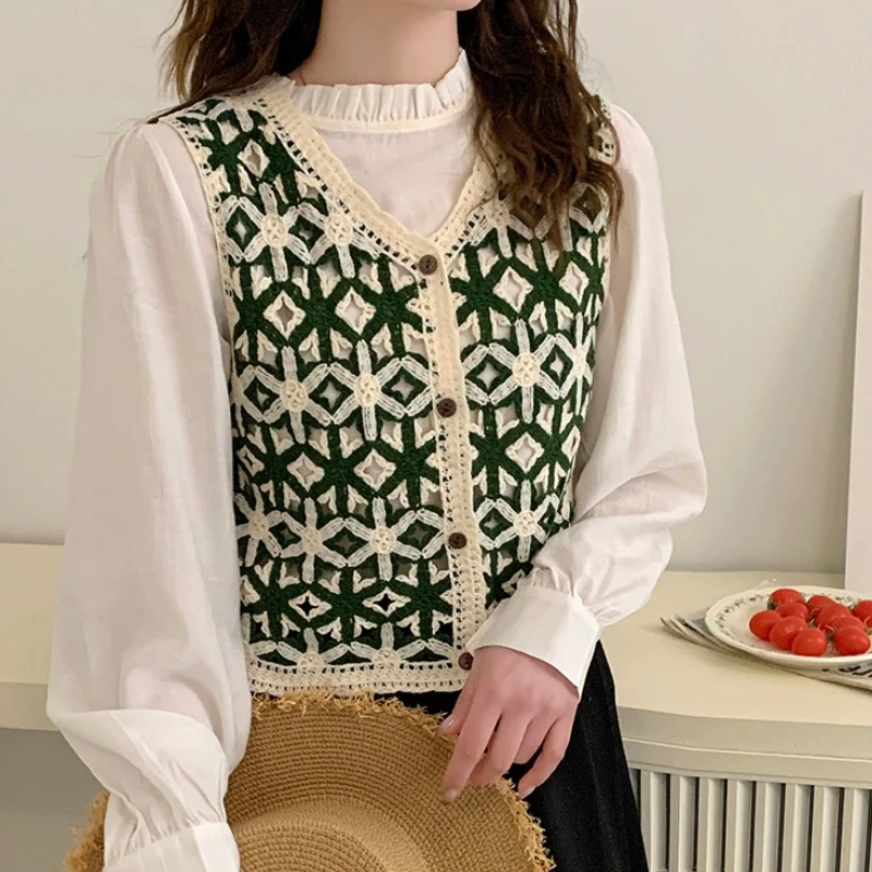 여성 크로셰 조끼 플로럴 오픈 니트 버튼업 민소매 재킷 스웨터 조끼 니트 조끼 봄 여름 보헤미안 비치 커버업