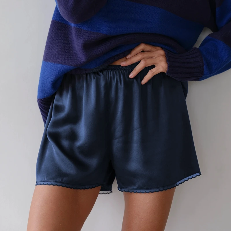

HEZIOWYUN Women Summer Loungewear Floral Lace Trim Wide Leg Shorts Solid Color Satin Silky Elastic Waist Loose Fit Sleep Bottoms