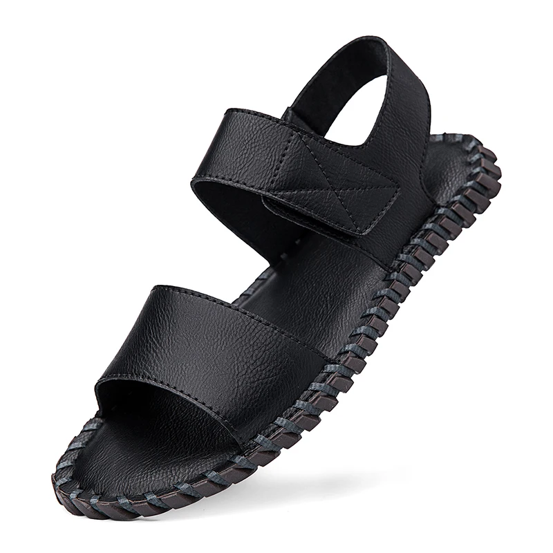 Men Artificial Leather Sandals Adjustable Strap Open Toe Casual Summer Walking Sandals Hand Stitched Non Slip Flat Beach Sandals