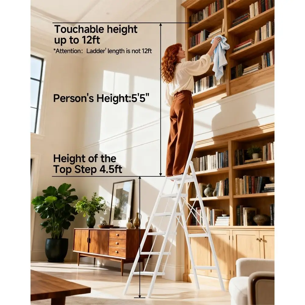 Escada dobrável antiderrapante de 6 degraus - capacidade de 300 libras para uso em cozinha, armário e biblioteca (branca)