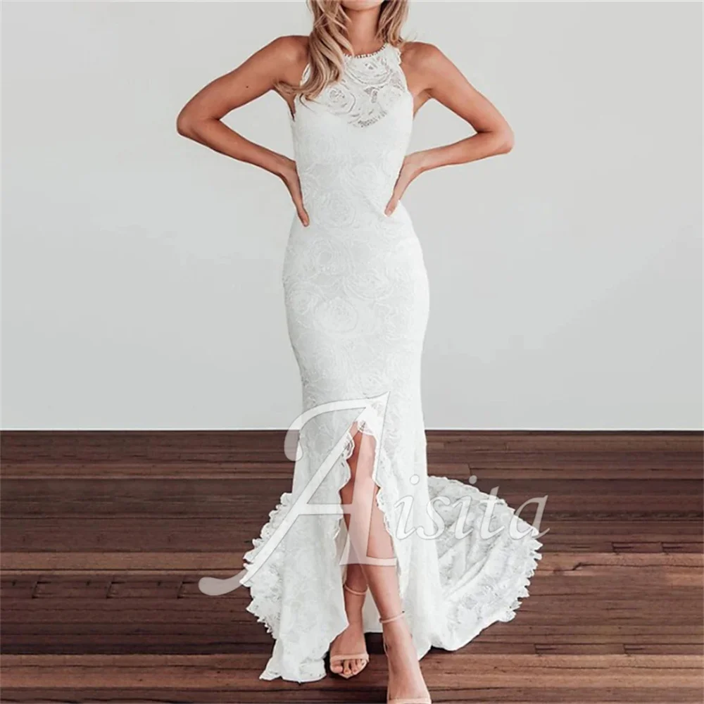 Beach Mermaid Bride Dresses Halter Neck Sleeveless Chapel Train Lace Wedding Dresses For Woman Wedding Dress Vestidos De Novia