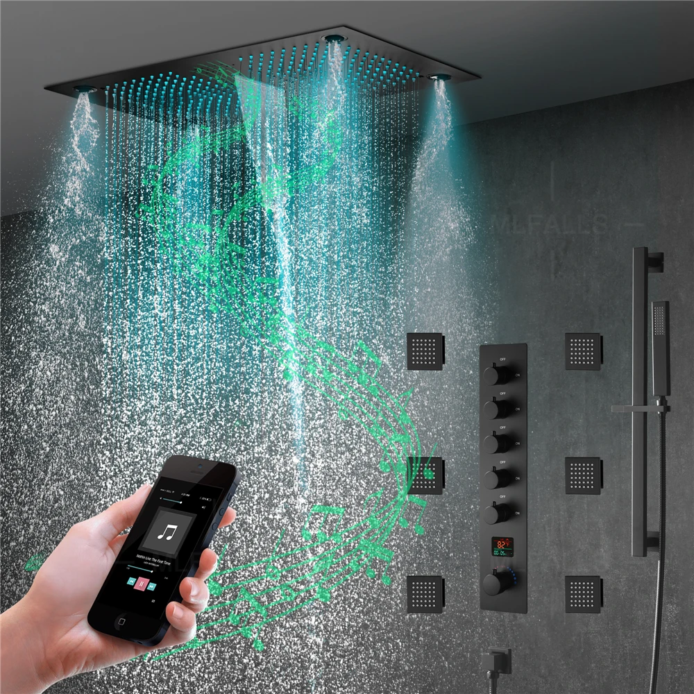 NEW 6 Functions Bathroom Shower Faucet Brush Gold 64 Color Wall Mounted Thermostatic Shower Set With Music