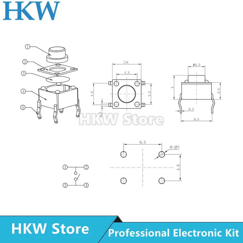 20pcs 6x6 Mini Push Button Switch DIP Tact Switch 6X6X4.3 6*6*4.3/5/6/7/8/9/10/11/12/13/14/15/16/17/18mm The Power Switch 4Pin