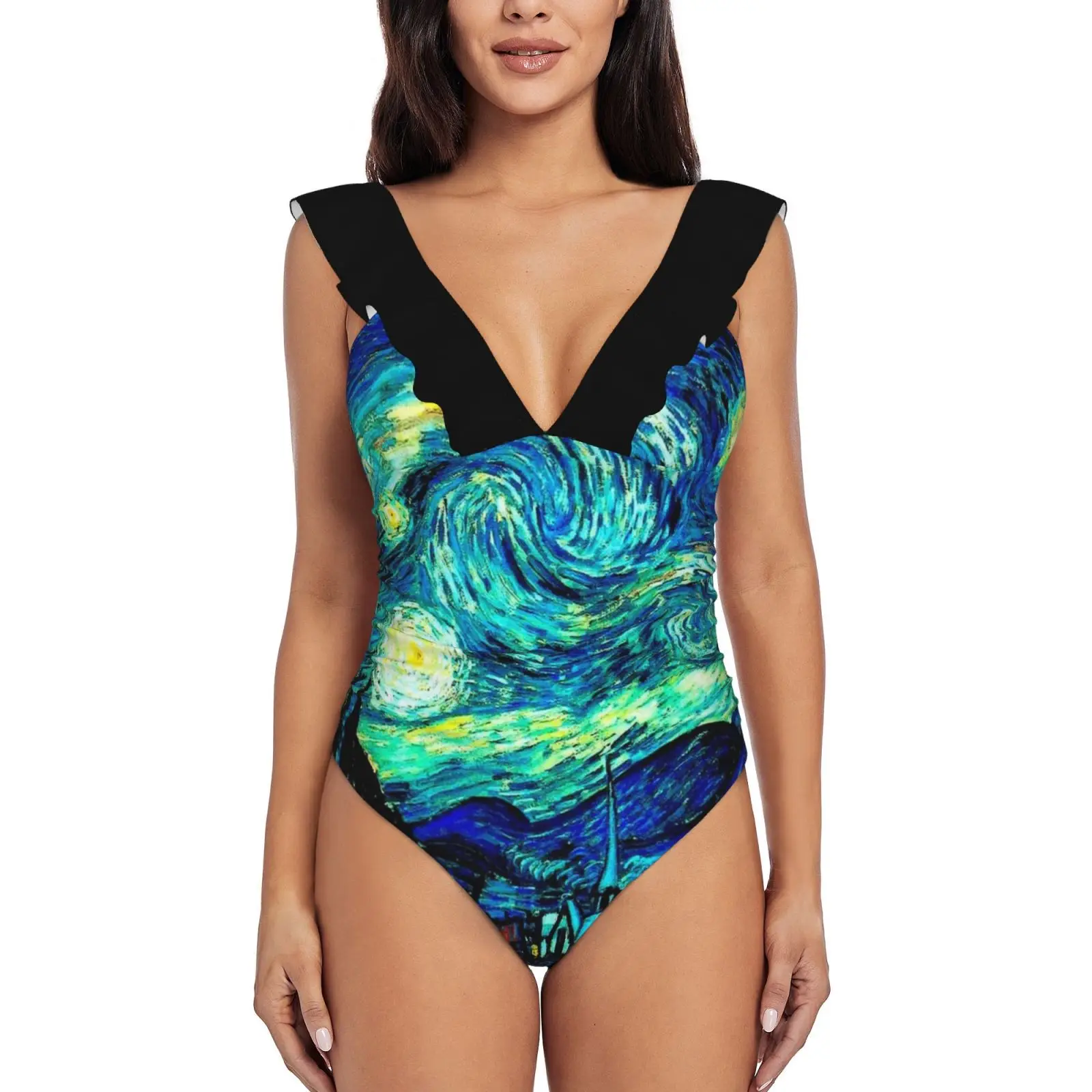 

Starry Night : Vincent Van Gogh Famous Painting Print Ruffle Swimwear Women One Piece Swimsuit Monokini Push Up Bathing Suit