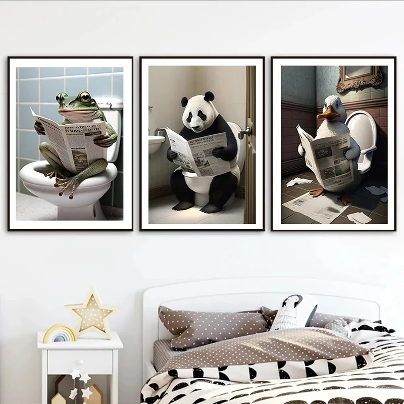 Funny Bathroom Humorous Animal Wall Decor Bear Dog Tiger Sitting on Toilet Reading Newspaper Poster Art Print Canvas Painting