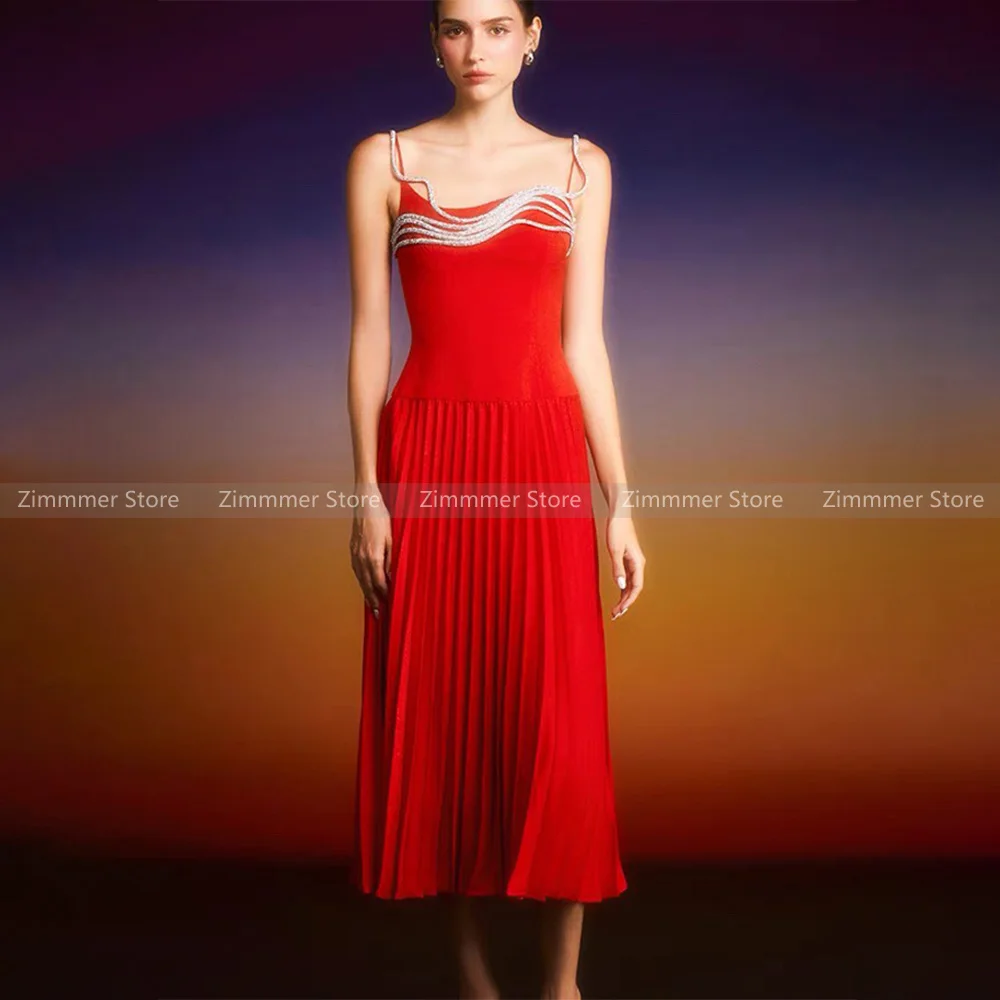 

Niche Design Glitter Diamond Stripes Stereoscopic Wave Pleated Skirt Sexy Halter Dresses