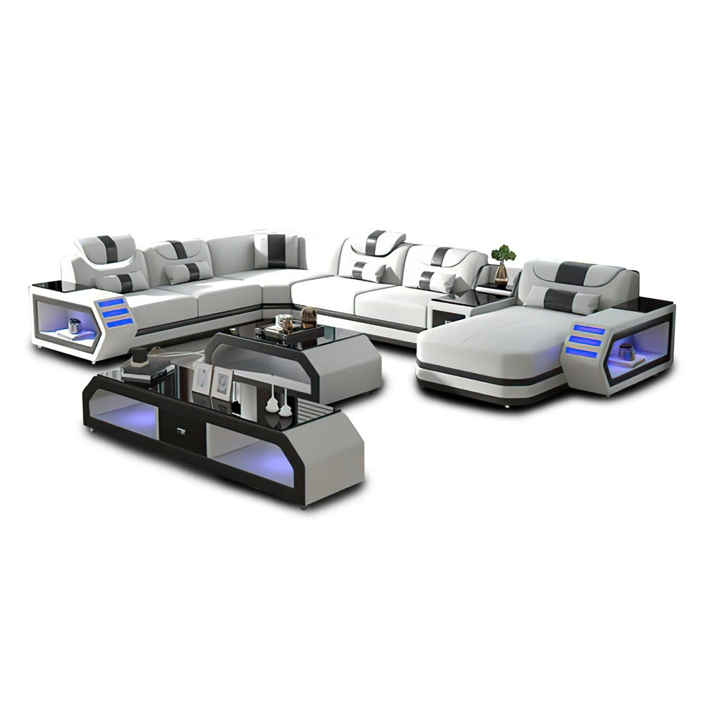 Modern Living Room Furniture Set, L-Shaped Sectional Sofa,Genuine Leather Couch with Adjustable Headrest,Coffee Table & TV Stand