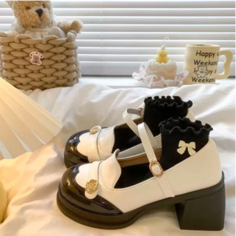 Ladies Round ToeBlock Heel Mary JaneShoes Black White Contrast Color CamelliaMetal Decor Buckle Strap Vintage Dating Shoes