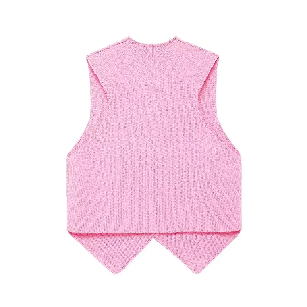 Tangada 2024 Summer Women Pink Knitted Sweater Jumper Sleeveless Cropped Cardigan BE0120