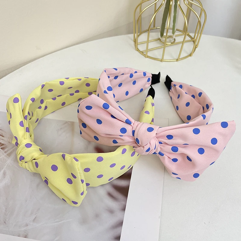 Korean Version Of Polka Dot Bow Fabric Hairband Women\'s Fashion Classic Sweet And Cute Square Rabbit Ears Wide Brimmed Headband