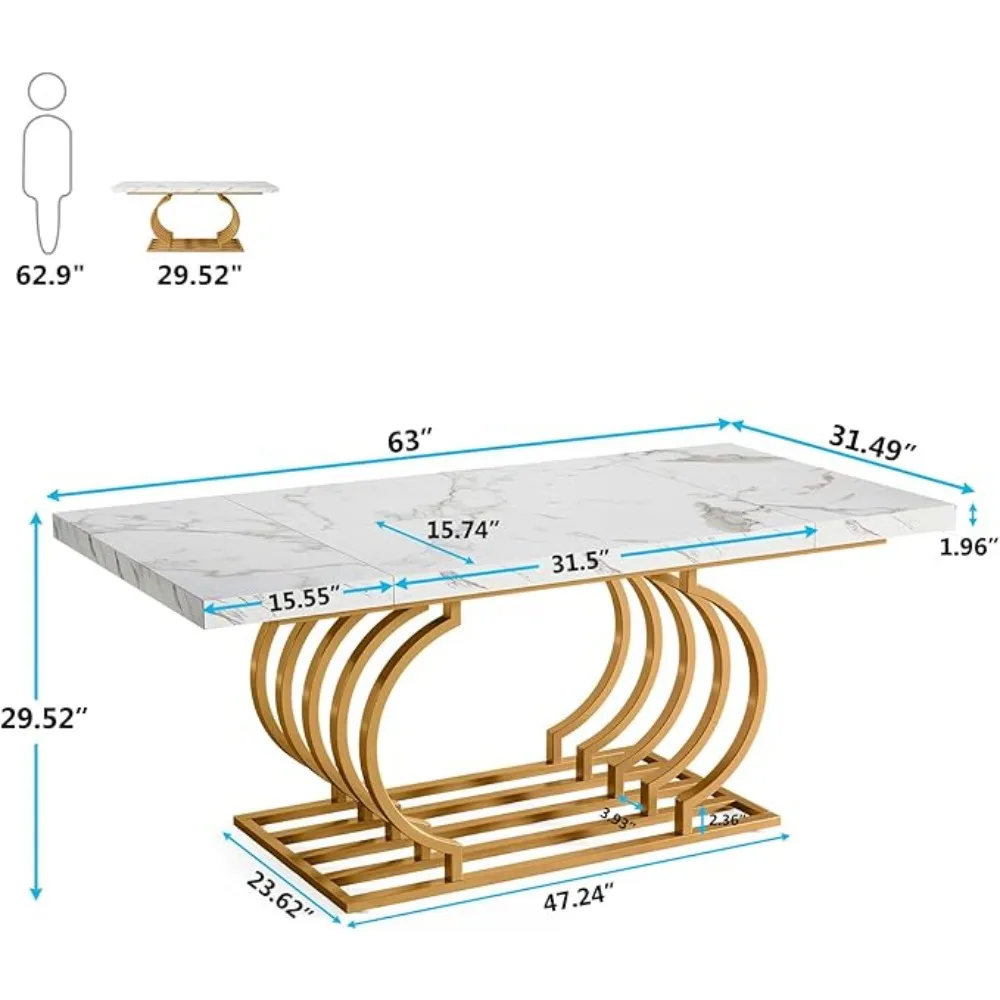 Modern Dining Table, 63 inch Faux Marble Wood Kitchen Table for 6 People, Rectangular Dinner Room Table