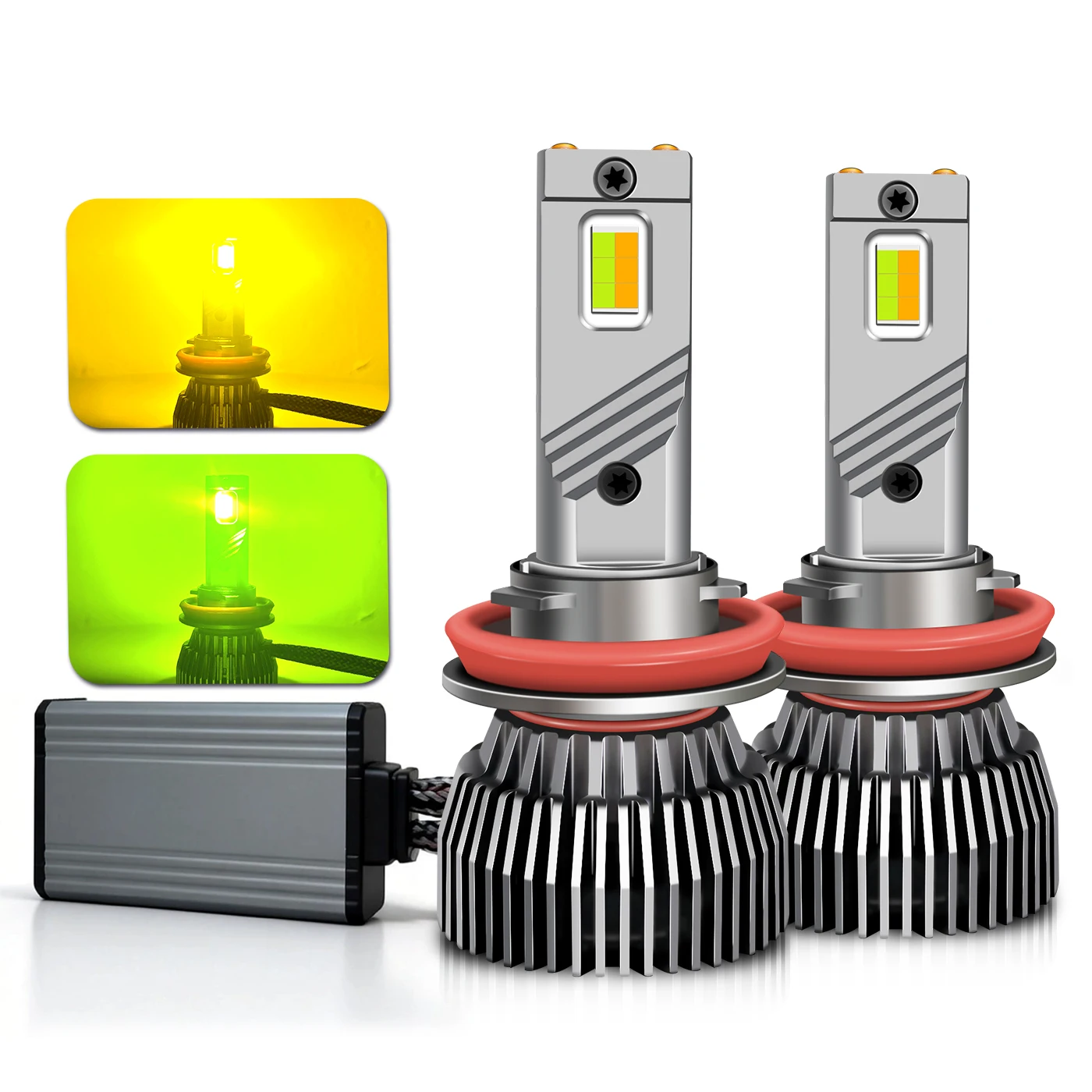 CANBUS H11 H9 H8 CSP Dual‑Color LED Fog Bulb, 120W, 3000K & Green, 12V‑24V, External Driver, Dual Copper‑Tube Cooling Fan