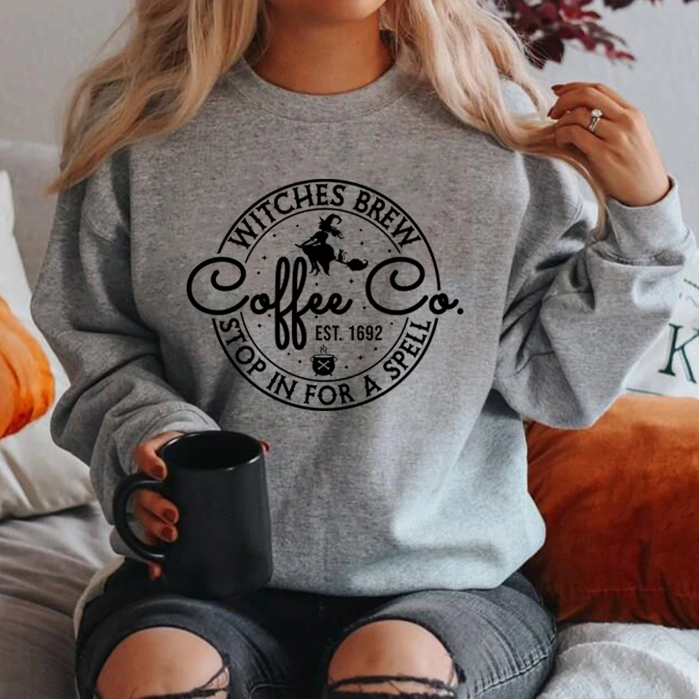 سويت شيرت Witches Brew Co Co، قميص الهالوين اللطيف للسيدات، سويت شيرت لمحبي القهوة، جرافيك، هوديس، قمصان الساحرات للهالوين