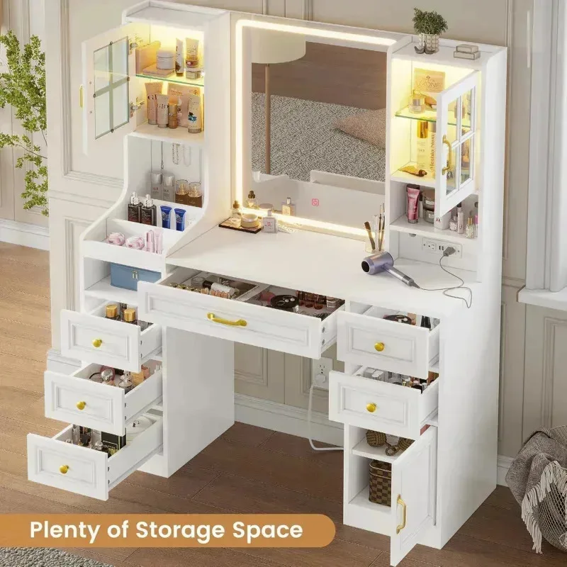 QAZ8-White Desk Touch Screen Mirror and Lights.Large Makeup Vanity with RGB Light Cabinets &Charging Station.6 Drawers.5