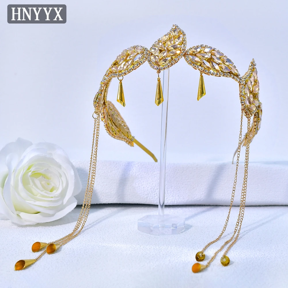 

HNYYX Vintage Champagne Rhinestone Headband Noble Luxury Hairbands Dynamic Tassel Headwear Party Prom Hair accessories A365