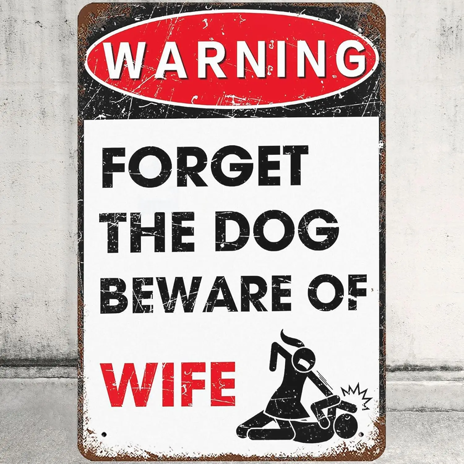 Metall-Blechschild, Warnwanddekoration, Vergiss den Hund, Vorsicht vor Ehefrau, Blechschilder, Poster für Zuhause, Garten, Garage, Büro, Café, Bar, Pub