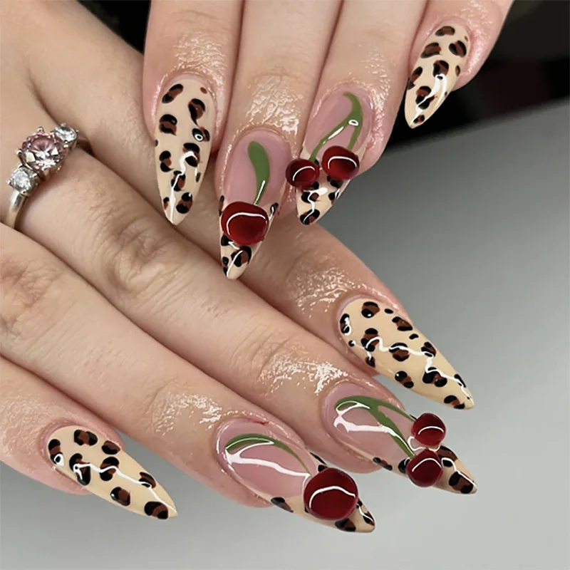 24pcs Leopard Print Press On Nails For Winter Cute Wine-red Cherry Decor French Style False Nails Sweet Cool Almond Fake Nail