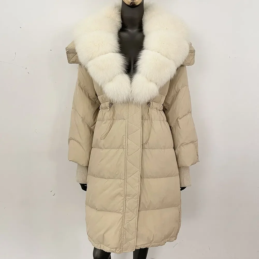 Femmes automne hiver fourrure de raton laveur naturelle vraie fourrure de renard doudoune doudoune longue manteau chaud femme blanc canard doudoune