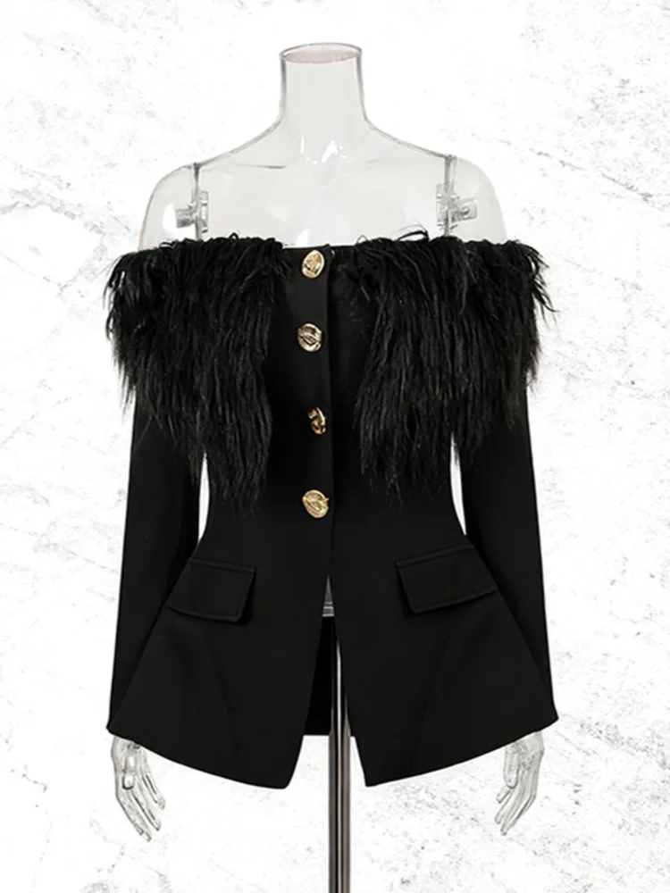 سترة نسائية عصرية من ZMEENNA باللون الأسود مكشوفة الأكتاف معطف بيبلوم بأزرار ذهبية وأكمام طويلة ملابس خارجية بقصة ضيقة ZM4644 #3