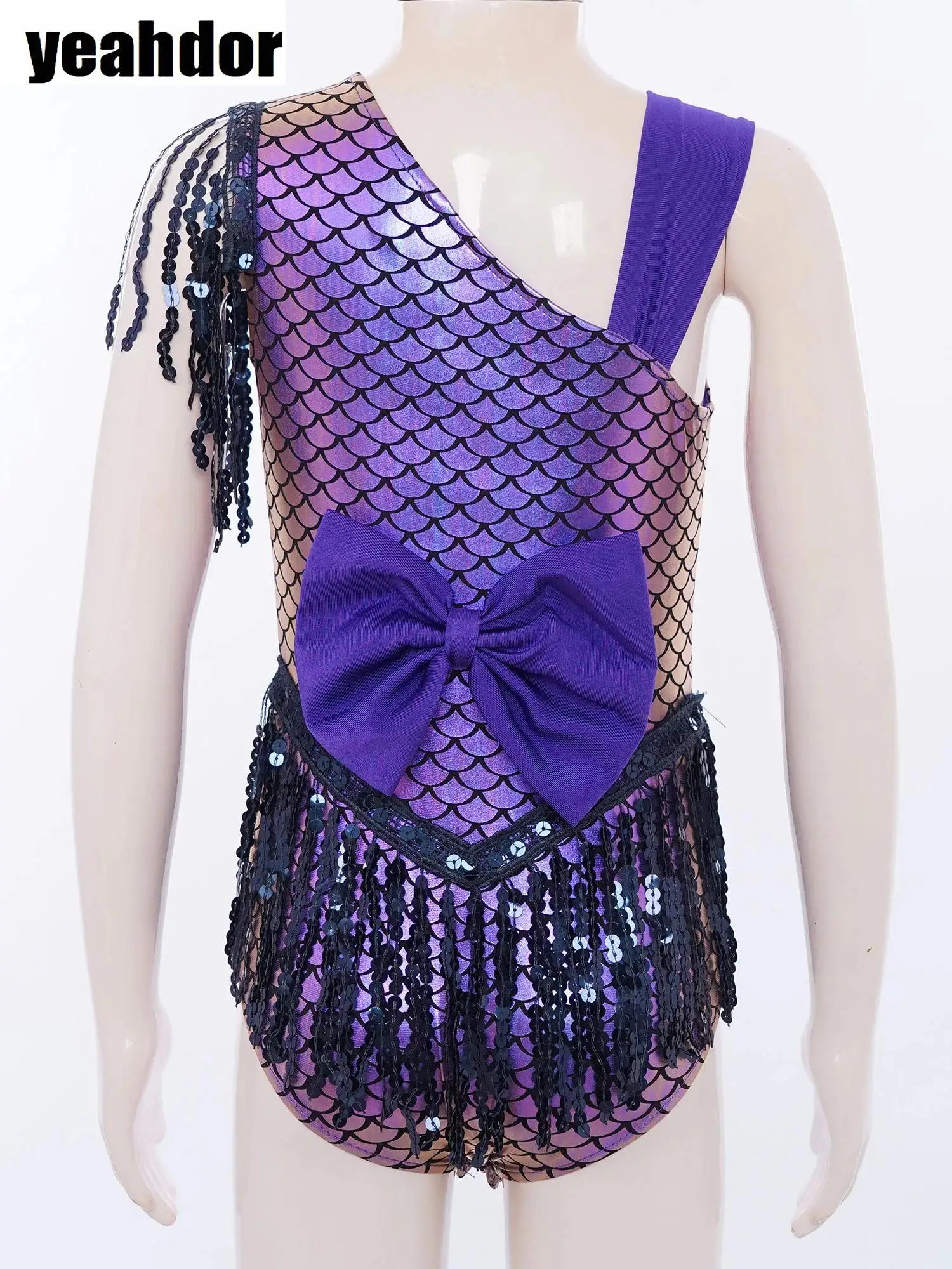 

Girls Metallic Fish Scale Gymnastic Leotards Jumpsuit Mermaid Dance Leotard Bowknot Sequins Tassels Bodysuit Halloween Costumes