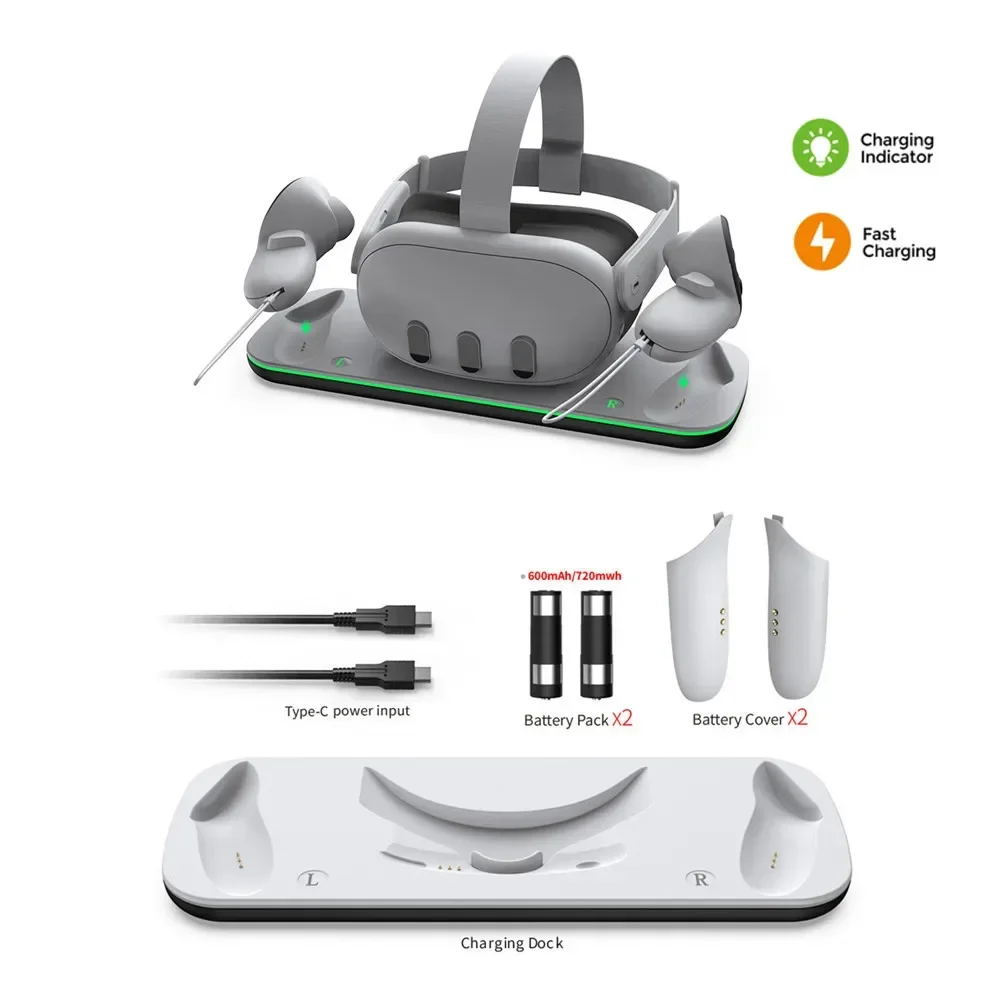 

Charging Dock Charging Station for Mate Quest 3 RGB Kit for Quest 3 VR Headset&Controllers With Rechargeable Battery Accessories